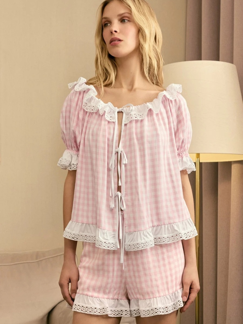 Sleeper Romantica Lounge Set with Shorts in Pink Vichy
